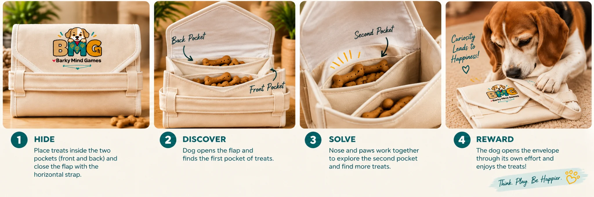 Barky Treat Envelope showing the four-step Hide, Discover, Solve and Reward gameplay
