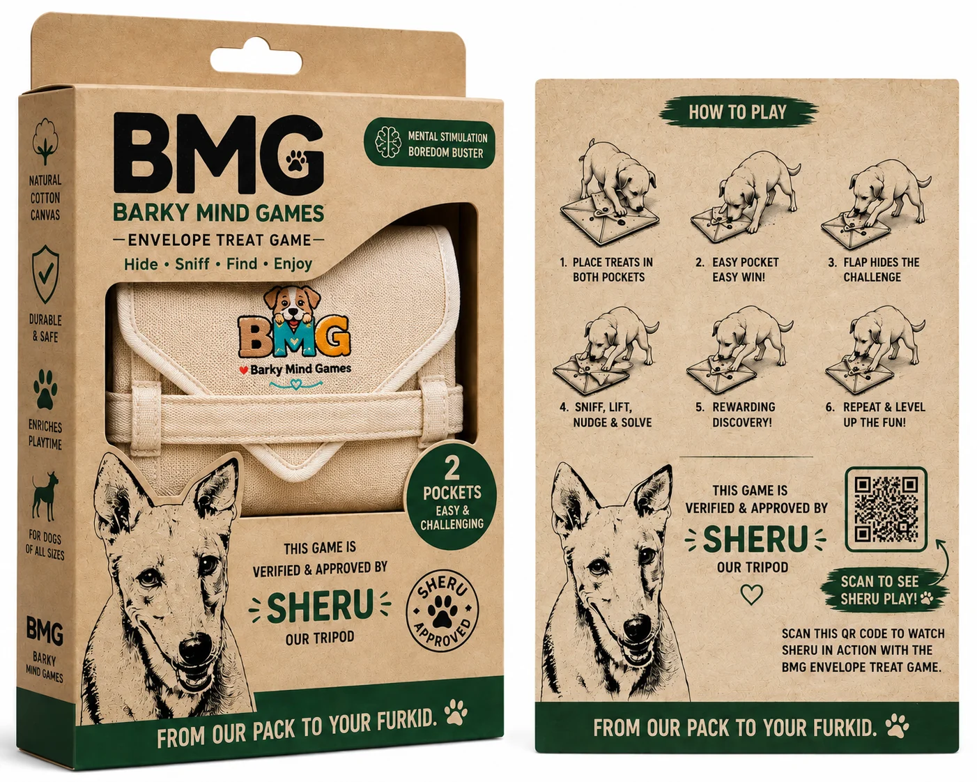 Barky Mind Games Envelope Treat Game retail packaging and how-to-play panel